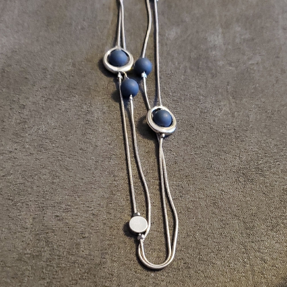 Long Layered Silver Necklace w/ Blue Beads | Modern Minimalist